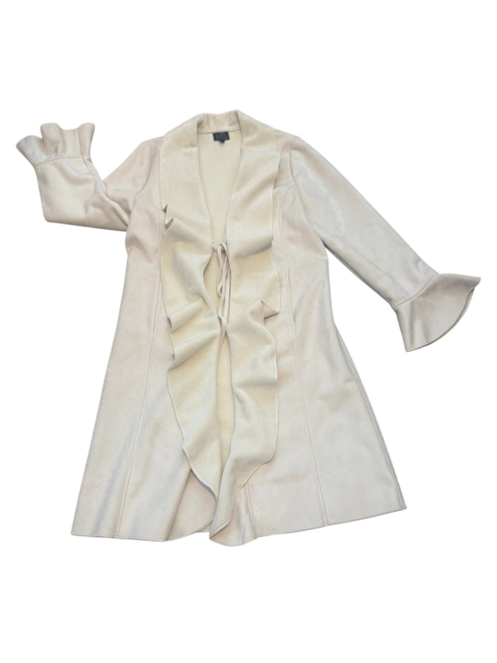 Ruffled Open Front Long Coat - Cream NWOT Large